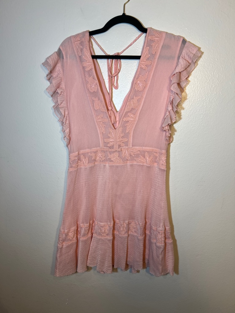 Pinko Coquette Feminine V-Neck Blush Pink Crochet-Trim Ruffle Mini Dress Medium